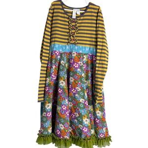 Paint by Number Mixed Media Floral Striped Dress Kids 14 Mustard Blue Ruffle Hem